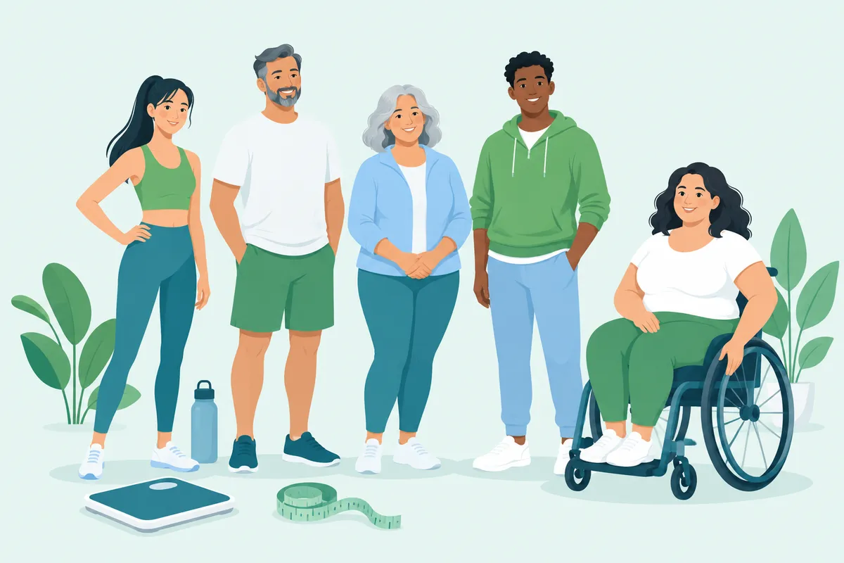 Ilustração de cinco pessoas adultas de corpos, idades e tons de pele diferentes, uma delas em cadeira de rodas, ao lado de uma balança e de uma fita métrica.